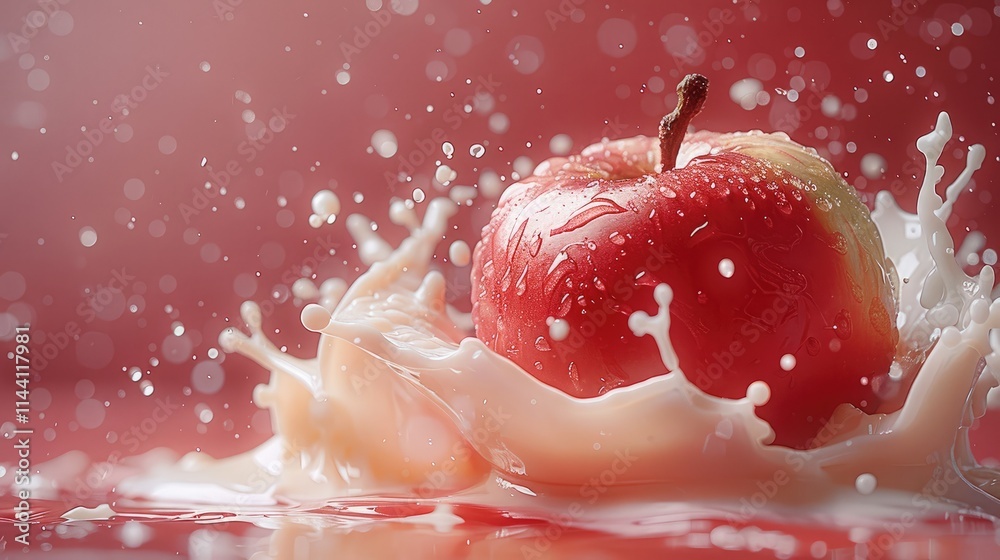 Aufkleber an apple fell onto the surface of the yogurt wall, splashing against a red gradient background.
