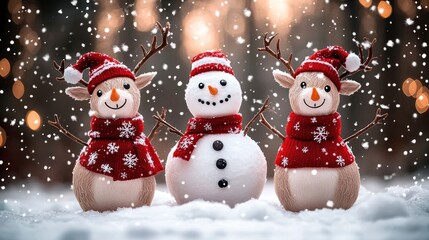 Fototapeta premium Festive Snowman and Reindeer Friends in Winter Wonderland