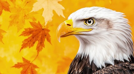 Fototapeta premium Majestic bald eagle profile against autumn leaves.