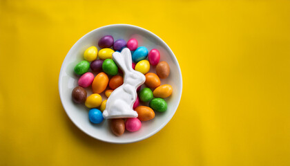 Obraz premium Plate with colorful candies on vibrant yellow background. Happy Easter. Festive dessert. Tasty treat