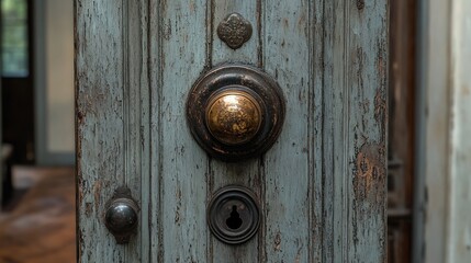 Fototapeta premium Close-up of antique door with brass knob and keyhole.