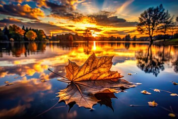 Fototapeta premium Dark, moody pond reflects silhouetted autumn leaves.