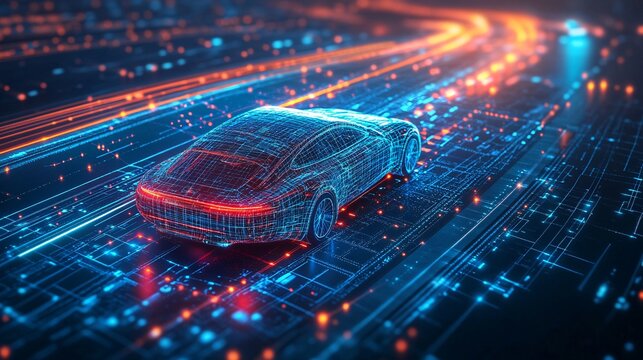 A futuristic highway from above, with dynamic digital graphics highlighting vehicle diagnostics and data analytics for intelligent transportation systems.