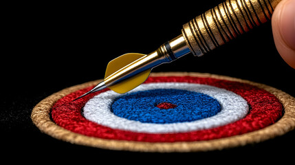 Obraz premium In a futuristic setting, a business professional displays a glowing blue digital target with an arrow in the middle, signifying accuracy, success, and business strategy.