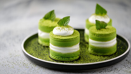 Tasty desserts with green matcha on plate. Delicious sweet food. Cooking and culinary concept.