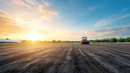 Fototapeta premium Sunset Over Freshly Plowed Agricultural Field