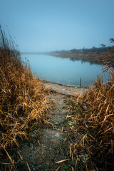 Fototapeta premium Autumn morning on the blu lake with fog , reflections on water ,landscape photography .Blue colors ,blue water ,mystery weather on the ponf.Forest near the pond , morning landscape at autumn season