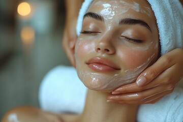 Beautician applying a moisturizing face mask to a young woman with closed eyes lying on a massage table in a spa, enjoying a moment of relaxation