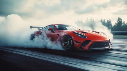 Red tuned sports car is drifting on a racetrack, burning rubber and creating a cloud of white smoke, showcasing speed, power, and adrenaline