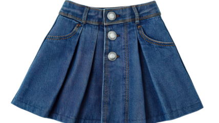 Blue denim skater skirt with button details suitable for casual wear during spring or summer outings.