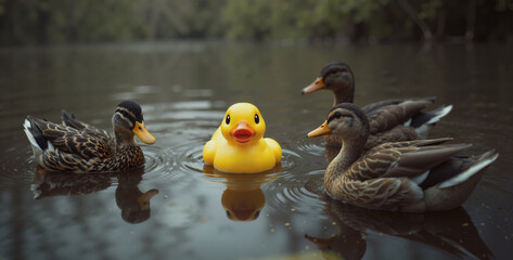 Rubber duck surrounded by real ducks swimming in a natural pond.