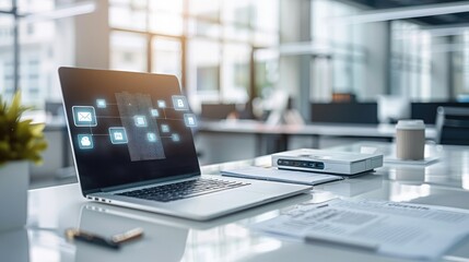 A organized office workspace, a laptop displaying a digital filing system, and a scanner digitizing papers into cloud storage. Floating icons represent categories like invoices, contracts, financial.