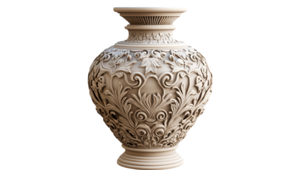 Elegant intricately designed cream-colored vase showcasing floral patterns and detail, ideal for home decor or artistic display.