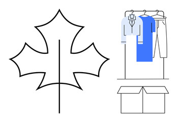 Clothing items on a rack, single-line leaf outline, and cardboard box signify storage and organization. Ideal for themes thumbs up home organization, moving, fashion storage, eco-friendly living
