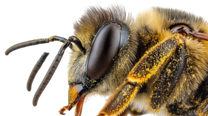 Close-up view of a bee showcasing fine details of its body and wings with pollen on its fur during a sunny day outdoors.