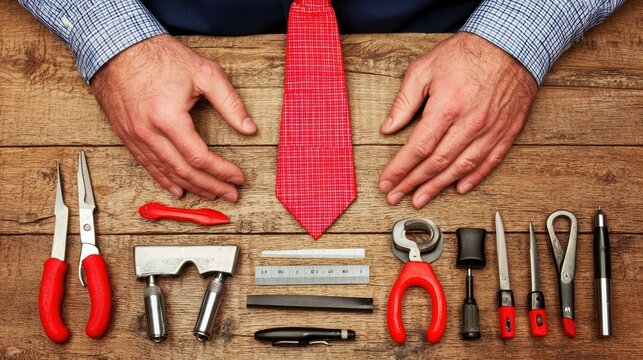 Tools arranged around a red tie on a wooden surface.