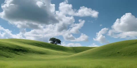 Serene landscape with rolling green hills under a bright blue sky, a lone tree stands atop a hill.
