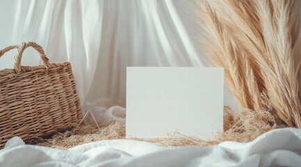 A mockup of an A4 card sits atop dried pampas grass, with a wicker basket and white cloth in the background