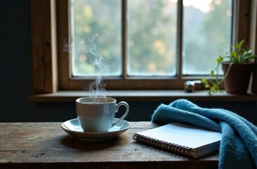 A steaming cup of tea near a frosted window, with a calming blue scarf and journal nearby