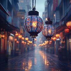 Illuminated Asian street scene with hanging lanterns at dusk.