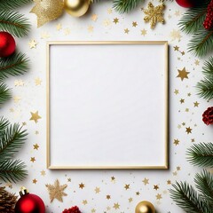 A holiday-themed background featuring glittering stars, golden and red ornaments, green pine branches, and a blank center space, designed for seasonal messages or decorative uses. Christmas Background
