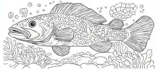 Detailed Line Art Illustration of A Spotted Fish Swimming Among Coral Reefs For Coloring Book