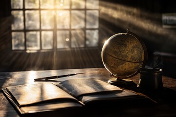 Obraz premium A serene study scene with a globe, open book, and warm sunlight streaming through the window.