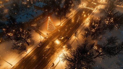 Naklejka premium Winter holiday celebration city street aerial view festive atmosphere evening lights christmas tree illuminated