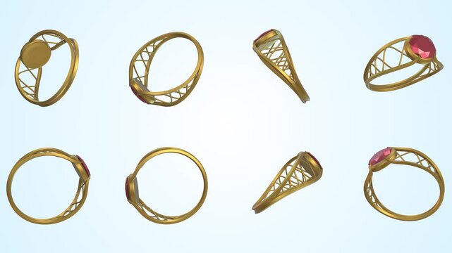 Golden Ring with Red Diamond Falling on a Light Background. Wedding Ring. 4K