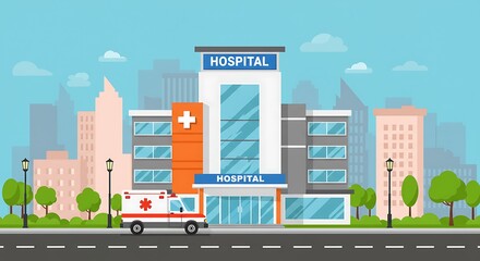 Modern City Hospital with Ambulance in Front