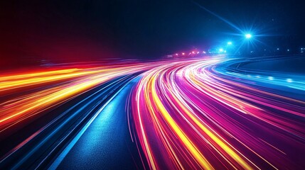 A dramatic long exposure of a highway at night, with streaks of lights from vehicles creating a sense of speed and nighttime activity.