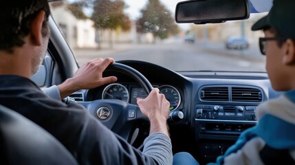 A parent teaching their teenager how to drive, featuring a close-up of the parent offering calm guidance as the teen carefully steers the car in an empty parking lot. The moment reflects patience, 