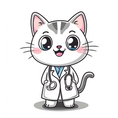 Obraz premium Kawaii 2D cartoon vector cat dressed as a doctor with a stethoscope, cheerful expression, simple design, white background.