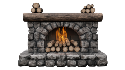 Cozy stone fireplace with burning firewood and logs, designed for warmth and comfort in a rustic setting.