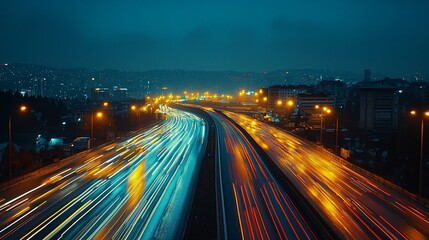 Obraz premium A long exposure shot of a highway at night, with vibrant light trails from speeding cars creating a dynamic, flowing energy on the road.