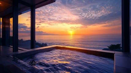 Fototapeta premium 美しい朝日が見える温泉の露店風呂