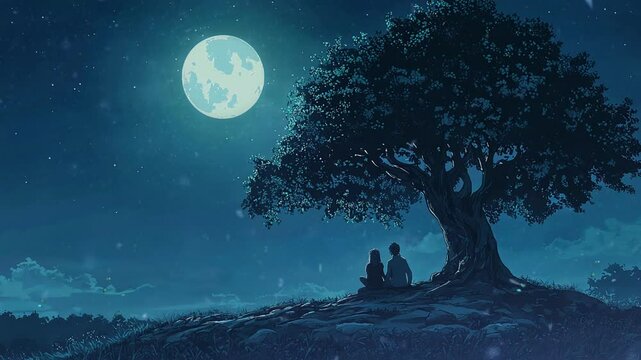 A couple looks at the starlit sky and a big moon. Anime or cartoon style, looping 4k video animation background