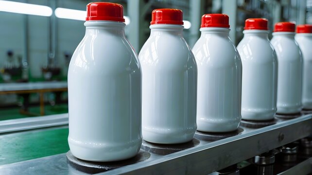 White plastic bottles jar with red caps aligned in row, beverage container modern industrial packaging & manufacturing processes company - Powered by Adobe