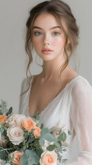 Naklejka premium Beautiful bride holding a bouquet of flowers.