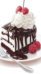 Decadent chocolate cake slice with raspberries and cream kitchen food photography gourmet dessert close-up indulgence