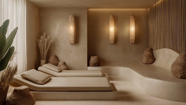 A serene spa setting with wood carvings and terracotta accents,