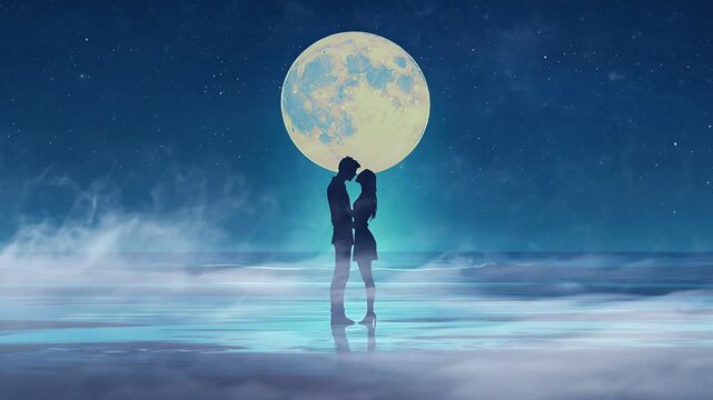 A couple looks at the starlit sky and a big moon. Anime or cartoon style, looping 4k video animation background