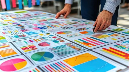 Obraz premium Analysis of colorful charts and graphs on a table.