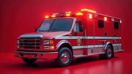 Red emergency ambulance vehicle on red background.