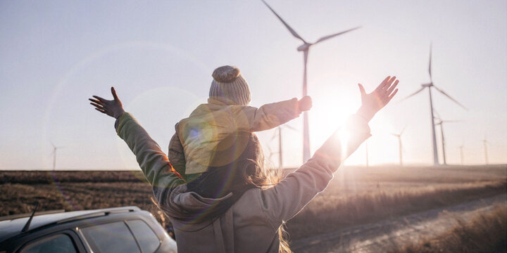 Technology and Sustainable Energy Innovation Concept of Renewable Energy from Wind. Pride, Green, Clean Energy, child, mother, nature, Wind Energy, Eco friendly, Environment