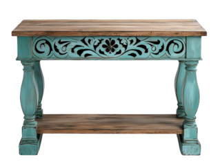 Shabby chic console table with intricate carvings and rustic finish