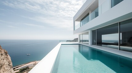 Obraz premium Modern white cliffside house with infinity pool overlooking ocean.