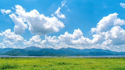 Solar panels in a green field under a blue sky with fluffy clouds and mountains in the background.