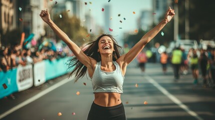 Fototapeta premium Woman completing a marathon, crossing the finish line with joy. Achievement, fitness goals, personal growth concept.