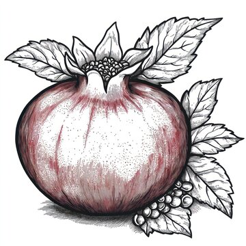 recommend clip art: Detailed line art drawing of a ripe pomegranate with leaves and seeds.